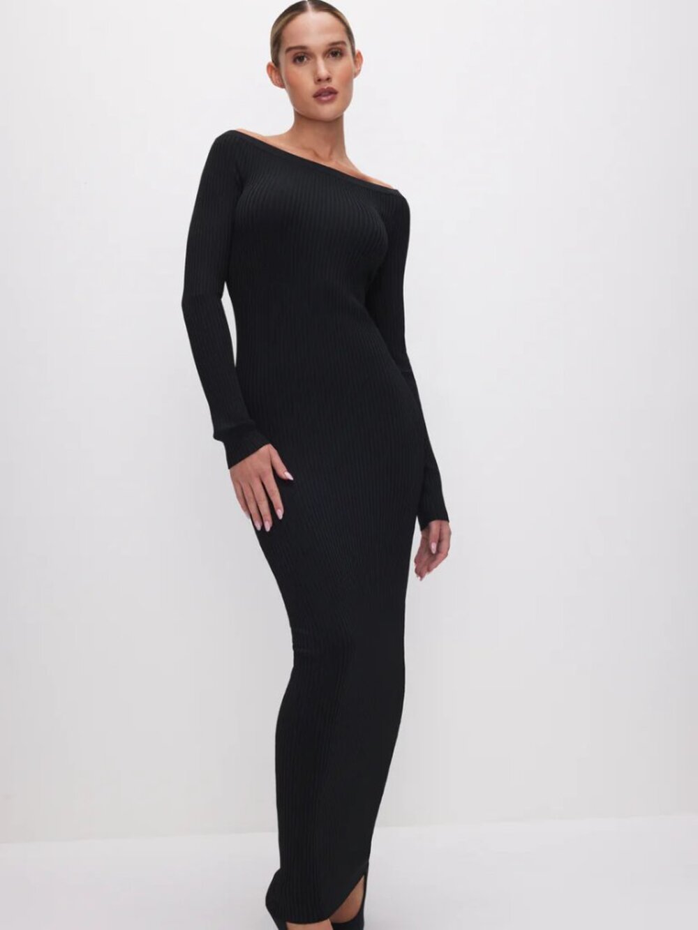 🖤 Good American Stretch Rib Maxi Dress Black Off-Shoulder Bodycon Sz M NWT ✨